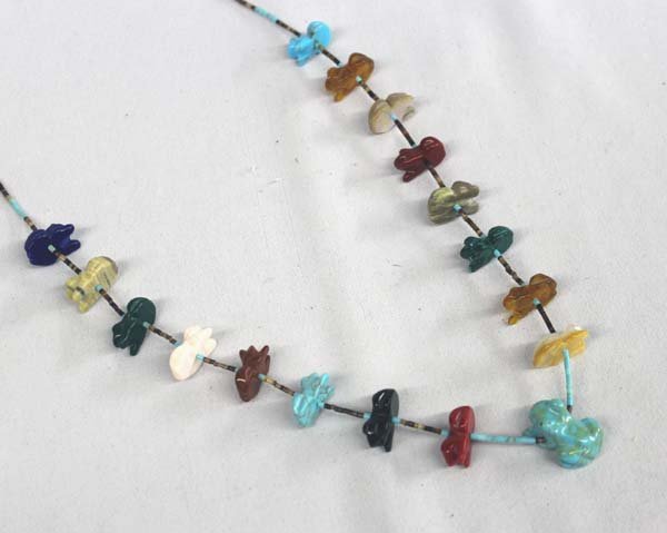 Navajo Frog Fetish Necklace: Native American Navajo Frog Fetish Necklace, 17 adorable carved frogs of pipestone, turquoise, lapis, amber, serpentine, coral, mother of pearl, malachite, and shell, turquoise and pin shell heishi, l