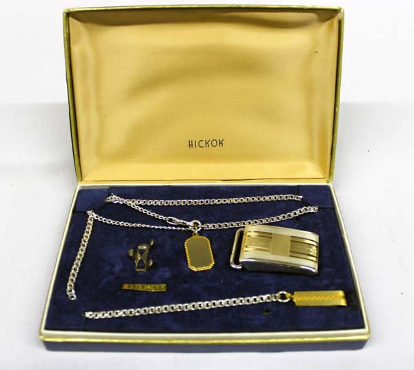 Hickok Sterling Silver Buckle and Watch Fob: Hickok Sterling Silver Buckle and Watch Fob, buckle is stamped ''Hickok USA'' and ''Sterling'' and ''10kt'', watch fob is stamped ''sterling'' and ''Hickok USA'', fob measures approx. 18'' end to end,