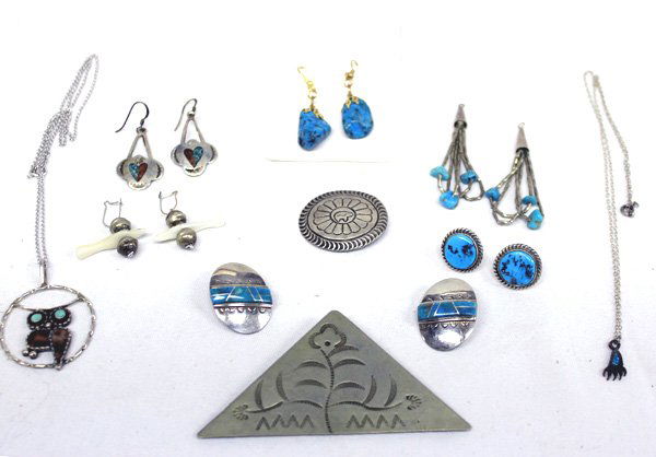 Navajo Turquoise Jewelry Collection: Native American Navajo Turquoise Jewelry Collection. Two necklaces; one has an owl pendant which is signed on the back. It measures 1.25'' Diameter and 20'' end to end. The second necklace has a bear
