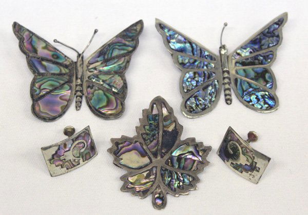 Mexican Taxco Silver and Abalone Pins, Earrings: Mexican Taxco Silver and Abalone Pins, Earrings. Two butterfly pins, each measures 2.25''x2.5''. One is missing one antennae. The leaf pin can also be worn as a pendant. The earrings are screw back an