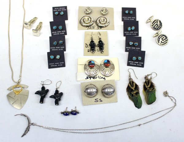 Collection Native American, Mexican Jewelry: Collection Native American, Mexican Jewelry. Nice group of sterling silver earrings. One pair has multi-stone inlay cabochon set on a sterling silver oval concho which measures 1.25''x7/8''. The black