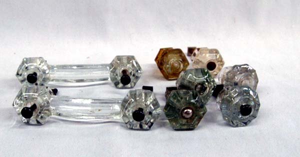 Antique Glass Dresser Drawer Handles and Knobs: Antique Glass Dresser Drawer Handles and Knobs, 2 glass drawer handles and 6 glass knobs, original hardware, longest measures approx. 4.25'' x 1.25''