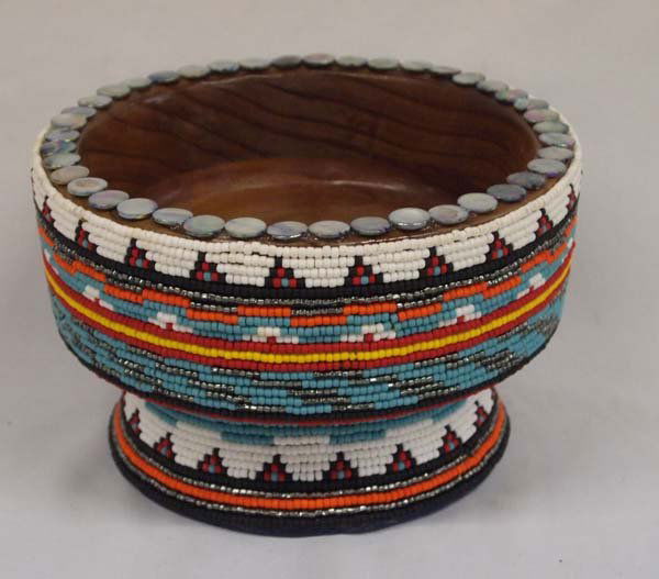 Hand Beaded Bowl by Kills Thunder: Hand Beaded Bowl by Kills Thunder, beautiful beadwork over a wooden bowl, abalone tabs around the rim, bright turquoise, orange, black, red, yellow, white, and metallic silvery black beads come togeth