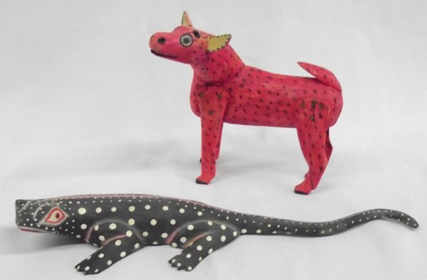 Hand Carved Mexican Oaxacan Lizard and Deer: Hand Carved Mexican Oaxacan Alebrijes Lizard and Deer, #1 is a pink deer, he is missing his antlers, wood burned accents and legs are each attached with small nails, #2 is a black spotted lizard with 