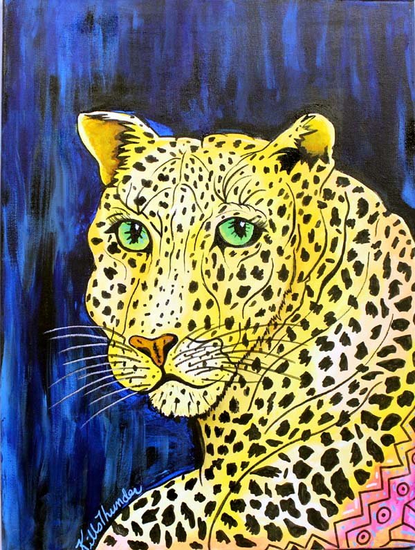 Original Acrylic by Kills Thunder, "Green-Eyed Cat": Original Acrylic ''Green-Eyed Cat'' by Kills Thunder, dark blue background, vivid bright yellow orange jaguar, with her signature abstract lines and doodles in the lower right hand corner, measures ap