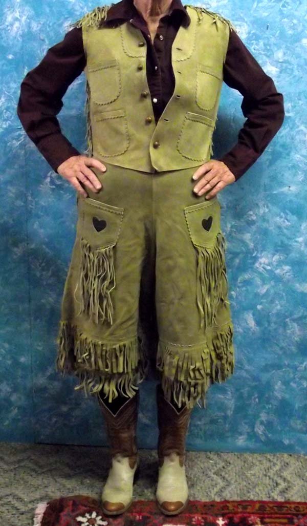 1930s Western Ladies Suede Gaucho Skirt, Vest: 1930s Western Ladies Suede Gaucho Skirt, Vest. Kick up your heels in this nostalgic riding outfit. Fine quality tan suede with long fringe. The skirt has three adjustable belt straps on each hip and a
