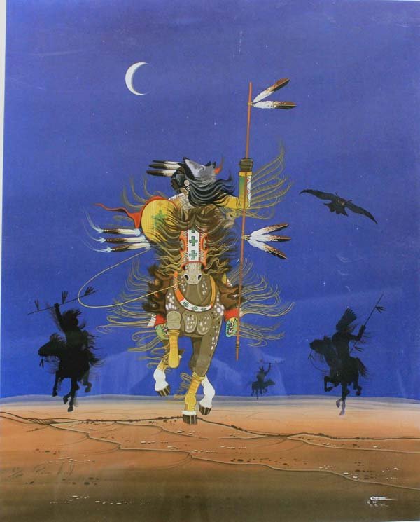 Comanche Signed & Numbered Rance Hood Print: Native American Comanche Signed & Numbered Rance Hood ''Coup Stick Song'' Print, 63/1500, penciled signed in lower left corner, c. Dallas Creek Arts, printed on exeter velium, 100% Rag. neutral Ph pap