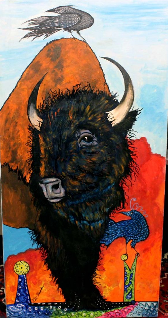 Original Acrylic by Kills Thunder "Long Journey Home": Original Acrylic ''Long Journey Home'' by Kills Thunder, bold dark hues come together in this beautiful painting depicting a buffalo's never-ending journey, measures approx. 48.25''L x 24''W