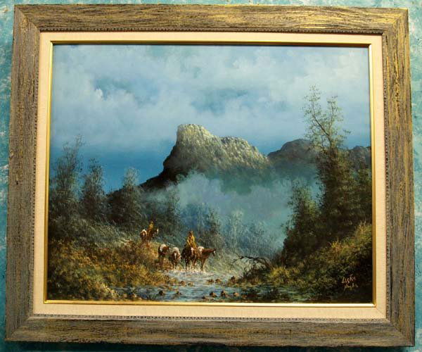 Original Oil Painting by Lester Hughes: Original Lester Hughes, picture depicts 2 cowboys riding in yellow raincoats, with 4 pack horses, crossing creek, perhaps in the Organ Mountain area, from El Paso, Texas, Lester Hughes ''is a self-tau