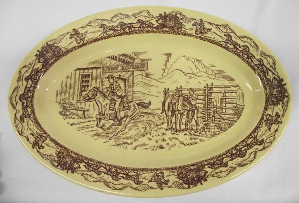 Tepco China Platter ''Western Traveler'': Tepco China Platter ''Western Traveler''. Large serving platter in the collectible Western motif, ''Western Traveler'' by Tepco China, USA. The platter measures 16'' x 10 1/2'', depicting a Wells Farg
