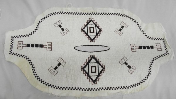 Plains Indian Child's Fully Beaded Dress Yoke: Native American Plains Indian Child's Fully Beaded Dress Yoke. Designs are worked in dark green, brown and tan beads against a pure white background. Total measurements, which includes the selvage, 31