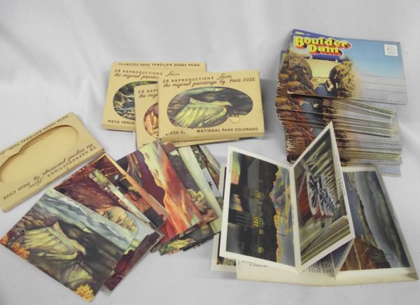 Vintage Mesa Verde & Boulder Dam Postcards: Vintage Mesa Verde National Park & Boulder Dam Postcards, no writing or postage, 5 packages of Mesa Verde postcards taken from 24 reproductions of original paintings by Paul Coze, copyright 1948, meas