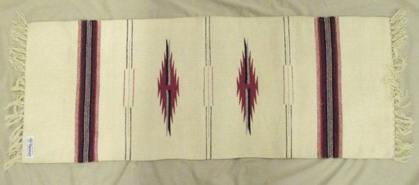 Chimayo New Mexico Wool Table Runner: Chimayo New Mexico Wool Table Runner. An original Chimayo runner with the tag from ''Ortega's Weaving Shop'' in Chimayo, New Mexico. In very nice condition. Measures 15.5''x40''.