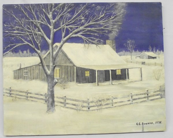 1978 Oil Painting by C. E. Bowman: 1978 Oil Painting by C. E. Bowman. Winter cabin scene on stretched canvas, measures 16''x20''. Signed, ''C. E. Bowman, 1978.'' From the Robert Bowman estate in Arizona.