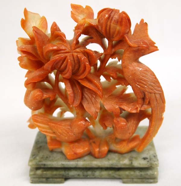 Chinese Vintage Carved Soapstone Statue: Chinese Vintage Carved Soapstone Statue, flowers and birds, beautiful coral and cream colors, on jade base, measures approx. 3.5''W x 4.5''H