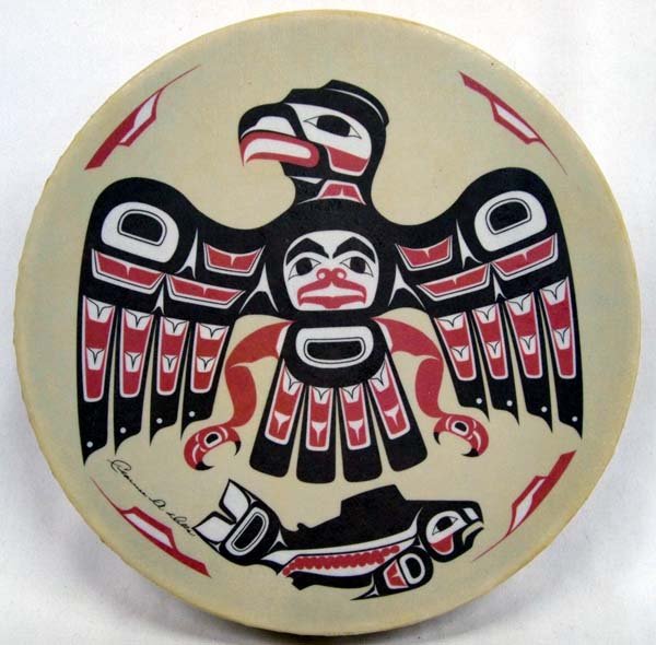 Northwest Coast Haida Totem Design Hand Drum-Signed: Northwest Coast Haida Totem Design Hand Drum by Clarence A. Dells, stunning reddish-brown and black eagle, bear, and salmon, beautifully crafted, measures approx. 11''D