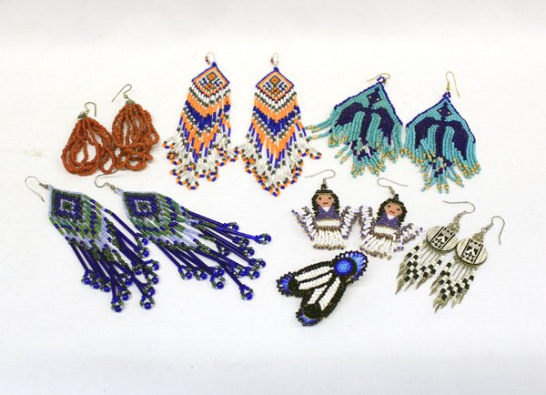 Plains Indian Beaded Earrings Plus: Collection of Native American Plains Indian Beaded Earrings Plus, fabulous array of beadwork in bright, vivid colors, also includes one pair of southwest style earrings and one beaded push pin, longes