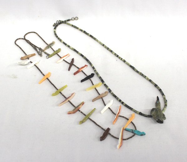 2 Zuni Heishi Fetish Necklaces: Native American Zuni Heishi Fetish Necklaces, #1 is an older Zuni Fetish necklace, beautiful multi-stone bird fetishes (turquoise, red shell, serpentine, pipestone, fish rock, orange shell) with silve