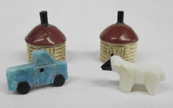 Navajo Carved Hogan Fetishes: Native American Navajo Hogan Fetishes, set includes 2 hogans, 1 sheep, and 1 turquoise pick up truck. What a unique collection! Turquoise,jet,pipestone, fish rock and mother of pearl. Hogan measures a