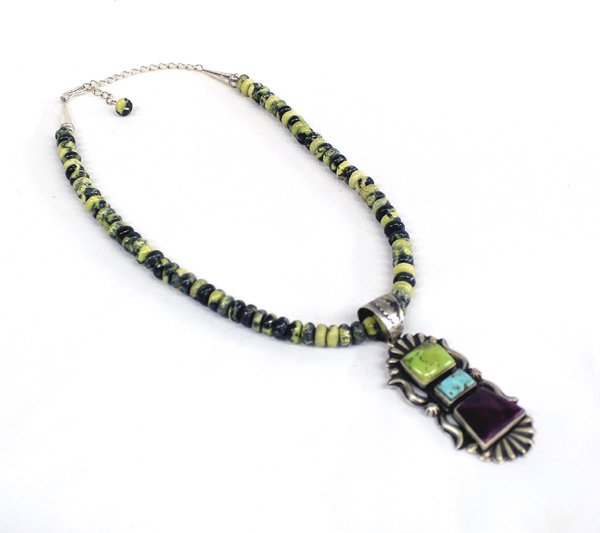 Acoma Sterling Turquoise Serpentine Necklace - Chino: Native American Acoma Sterling Sugilite Turquoise Serpentine Necklace by B C Chino. Absolutely charming 16'' Choker Necklace with old style Pendant in Sugilite, Serpentine and Turquoise by Acoma artis