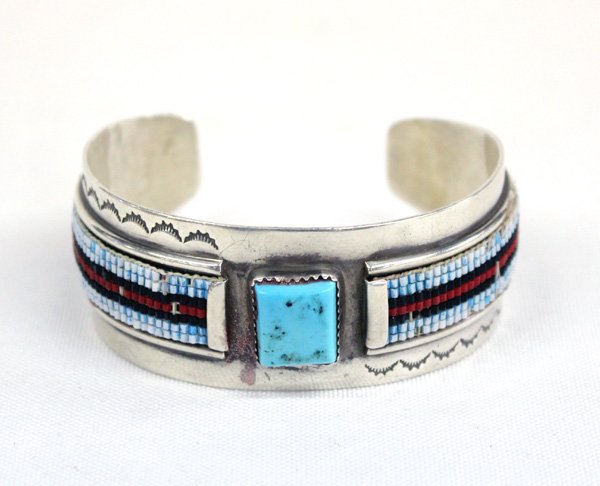 Navajo Sterling Turquoise inlay Bracelet - Begay: Navajo Sterling Turquoise Nugget Inlay Beadwork Bracelet by artist William Begay. Bracelet measures approx 7'' including space x 1''W.