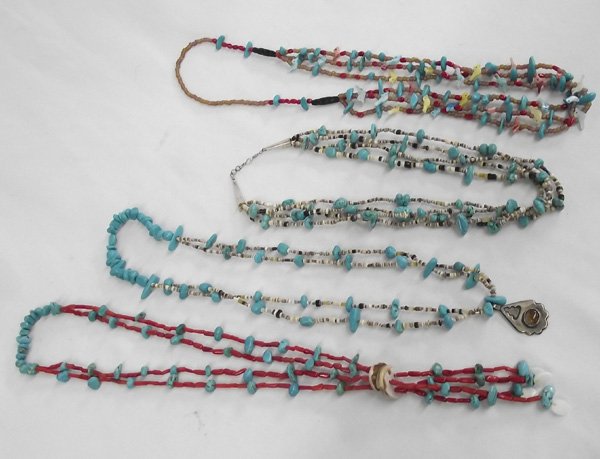 4 Southwestern Necklaces designed by Kills Thunder: Collection of Southwest Style Necklaces/4 Pieces. Great collection of necklaces, 3 over the head style double and triple strands and one with silver cones, triple strands. A mixture of stones is used 