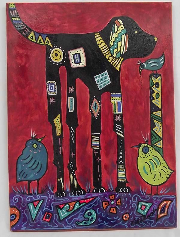 Original Acrylic Painting My Favorite Dog - Thunder: Original Acrylic Painting- Artist Kills Thunder. MY FAVORITE DOG This whimsical dog is loved by his bird pals. In the traditional bright colors of the Arizona artist, this picture would liven up any r