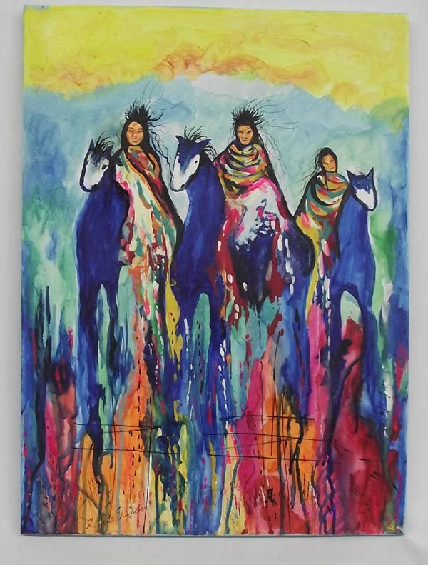 Original Acrylic Painting- Artist Kills Thunder: Original Acrylic Painting- Artist Kills Thunder. THE OLD JOURNEY is a bright and colorful painting of 3 prairie riders. Signed and dated on the back by the Arizona artist, this is a wonderful piece of