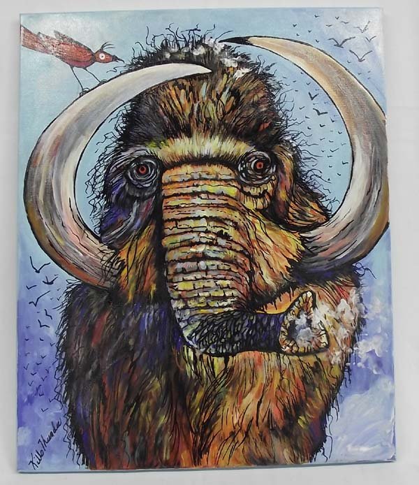 Original Acrylic Painting- Artist Kills Thunder: Original Acrylic Painting- Artist Kills Thunder. THE BIG FREEZE. A wonderful wooly mammoth and his bird friend are painted in the bold and bright colors of the Arizona artist. It is signed and dated o