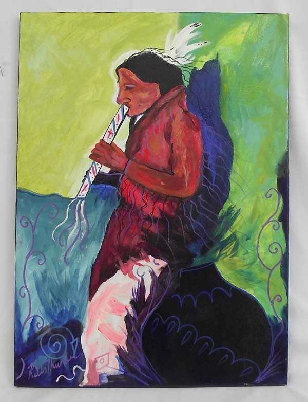 Original Acrylic Painting - Artist Kills Thunder: Original Acrylic Painting - Artist Kills Thunder. THE FLUTES is a colorful and vibrant painting by the Arizona artist. It is signed and dated on the back by the artist. 24''H x 18''L.
