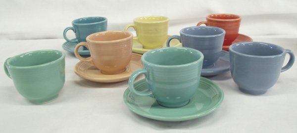 Fiesta Ware 8 Cups 6 Saucers: Fiesta Ware 8 Cups 6 Saucers. Various colors of Fiesta Ware. Great set for any occasion. Cups are 3''Hx3.5''W. Saucers are 6'' diameter.