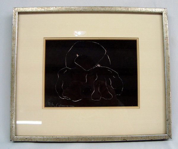R. C. Gorman- Woman in Repose- Framed Art: Double matted and framed art by R. C. Gorman- Woman in Repose. Art is under glass. Measures 5 5/8'' x 7.25''.