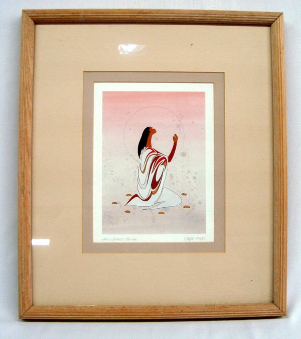 Native American Canadian Sioux Print: Native American Canadian Sioux Print. ''The Sacred Stones'' print by Ioyan Mani (Maxine Noel). Print is framed, under glass and double matted. Visual measurement is 7'' x 5''.