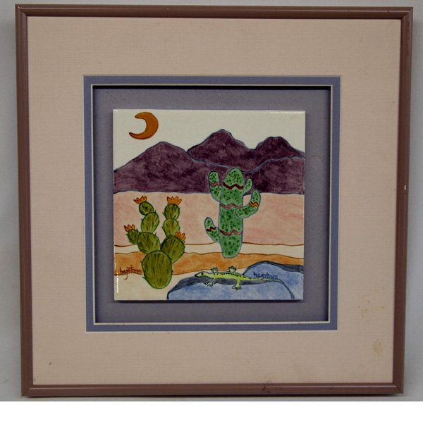 Hand Painted Framed Tile Southwest Scene -Hagstrom: Hand Painted Framed Tile Southwest Scene -Hagstrom. Charming scene of the southwest desert painted and signed ''hagstrom.'' The tile is 6'' square and is double matted in a metal frame.