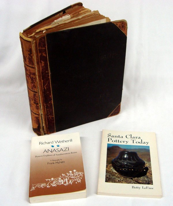 2 Native American Subject Books; 1- 1897 Scrapbook: 2 Native American Subject Books and 1- 1897 Scrapbook. Book one is ANASAZI, Pioneer Explorer Southwest Ruins, a biography by McNitt. Book two, SANTA CLARA POTTERY TODAY, by Le Free. The scrapbook is f