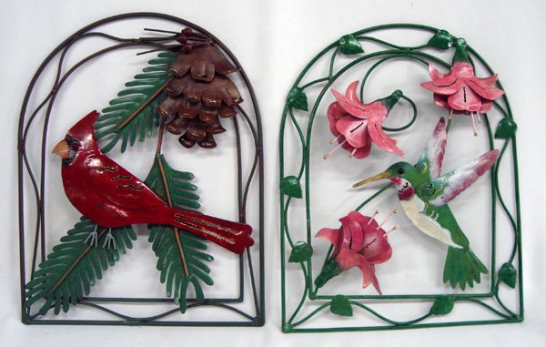 Hanging Metal Hummingbird and Cardinal: Hanging Metal Hummingbird and Cardinal, outdoor or in. Hand formed and painted. Set of two measure 10'' tall.
