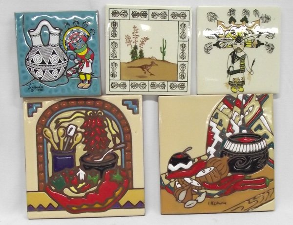 Five Western Theme Tiles: Five Western Theme Tiles. Two are Italian made 6'' x 6''; two are Arizona made 4.25'' square and one is a USA made 4'' square. From Kachinas to Roadrunners these tiles could be used on walls or as tri
