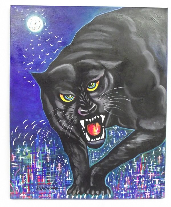Original Acrylic Painting - Artist Kills Thunder: Original Acrylic Painting - Artist Kills Thunder MALE PANTHER is a bold and strong black panther. Signed and dated on the back by the Arizona artist. 24''H x 20'' W.