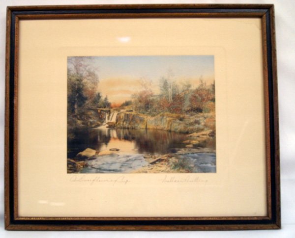 Wallace Nutting Hand Tinted Photo Original Frame: Wallace Nutting Hand Tinted Photo Original Frame. It is signed by Nutting (1861-1941) who lived in New England and was an accomplished photographer, artist, and furniture maker among other things as w