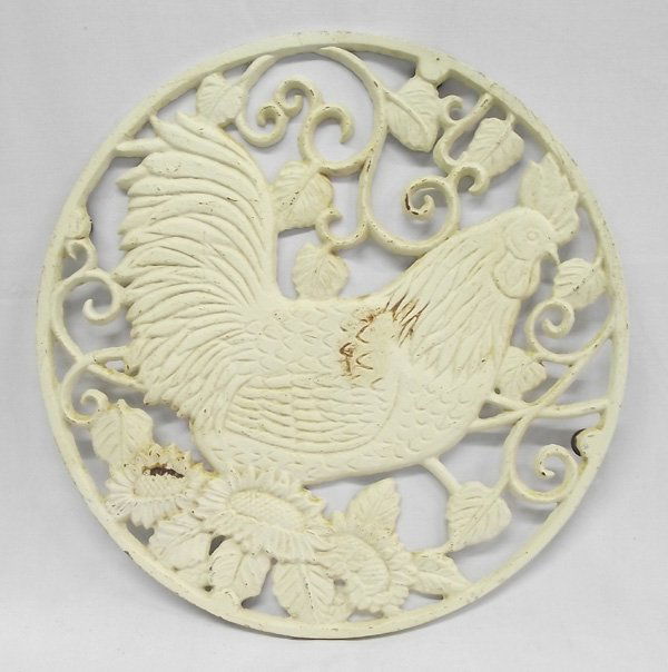 Vintage Cast Iron Large Rooster Garden Trivet: Cast Iron Large Rooster Trivet. This proud cock can be placed on a table (there are four rubber feet on the bottom) and be used to place a hot stew pot on, or perhaps be a base for a plant pot or just