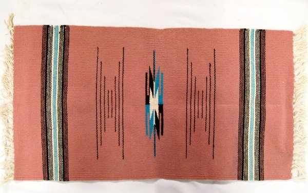 Chimayo Textile: Chimayo Textile. Mauve, black and turquoise. 32''L x 15.5'' with fringe. Nice condition.