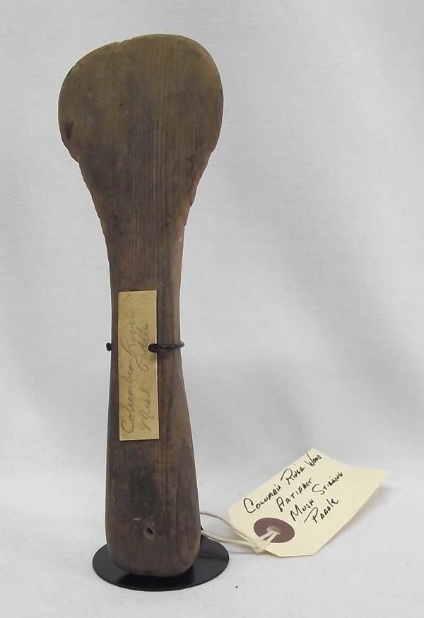Columbia River Mush Stirring Paddle: Native American Columbia River Mush Stirring Paddle. Solid piece of wood paddle measures 6.5''Hx2.25''W. Has a stand for display.