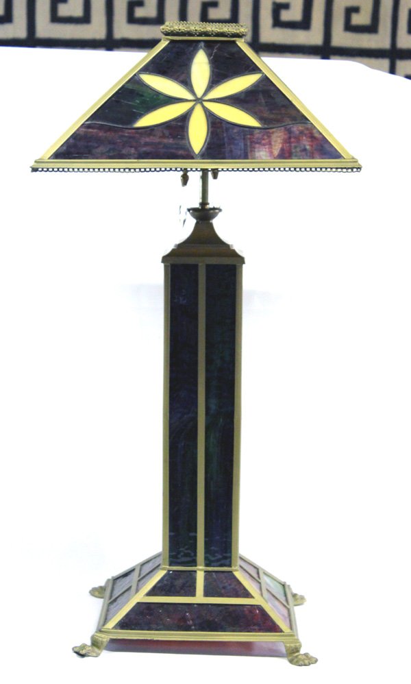 Mission Style Stained Glass Lamp Stand and Shade: Mission Style Stained Glass Lamp Stand and Shade. Elegant style from the past. Flower designs on the lamp shade and brass trim around edges of shade and stand. Double light bulb fixture with 2 crystal