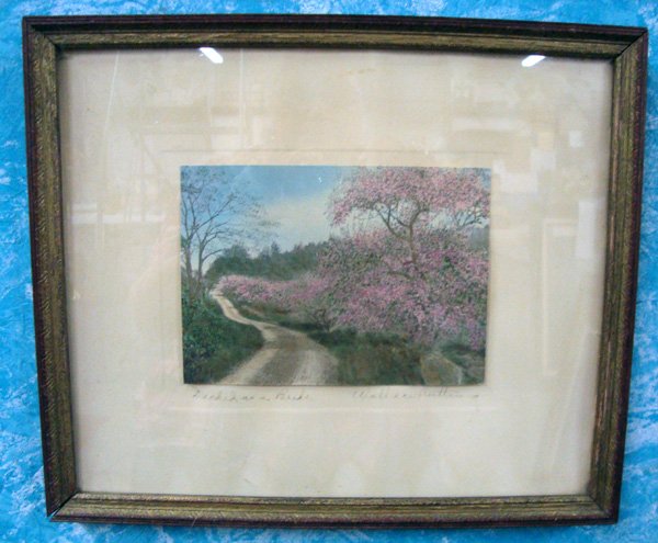 Wallace Nutting Hand Tinted Photo Original Frame: Wallace Nutting Hand Tinted Photo Original Frame. This tinted photo is titled, ''Decked as a Bride'' and is signed by Wallace. It is in its original wood frame and has some warping and stains from moi