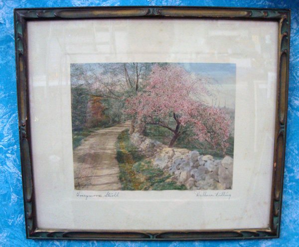 Wallace Nutting Hand Tinted Photo Original Frame: Wallace Nutting Hand Tinted Photo Original Frame. It is signed by Nutting (1861-1941) who lived in New England and was an accomplished photographer, artist, and furniture maker among other things as w