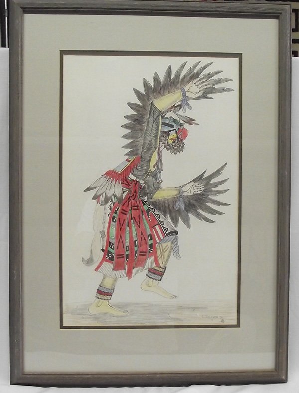 Original Kachina Dancer Drawing - E. Joshevama Jr: Original Kachina Dancer Drawing- E. Joshevama Jr. Framed and Matted by Franklin Gallery in Flagstaff, AZ. 17.5''H x 11.75''W not including frame. One bumper circle missing on back but wired to hang.