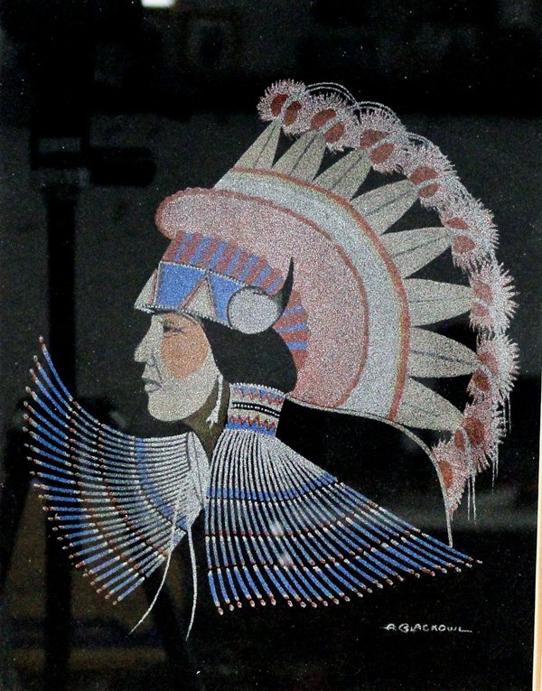 Tewa Hand Silk- Screen Framed Print-A. Blackowl: Tewa Hand Silk -Screen Framed Print-A. Blackowl. Frame is vintage. Information on silk-screening is on the back of the frame. The TEWA Indians have been making this style of art for over 50 years. 12.