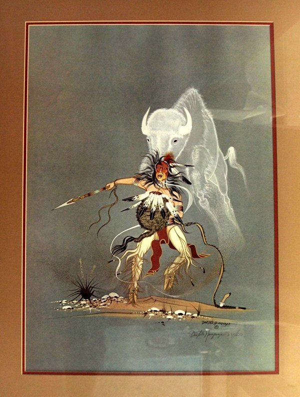 Framed Comanche Theme Print-Lee Doc Tate Nevaquaya: Framed Comanche Theme Print-Lee Doc Tate Nevaquaya (1932-1996) ''Standing His Ground'', #234/650. A noted Comanche artist and American Indian flute player from Oklahoma. Among numerous recognitions th