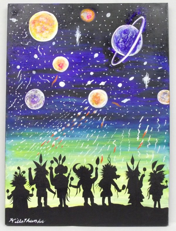 Original Acrylic Painting by Kills Thunder: Original Acrylic Painting ''Hopi Falling From Grace'' by Kills Thunder, painting depicts Hopi warriors in dance mode carrying rattles, they are paying homage to the heavens in the midst of what looks 