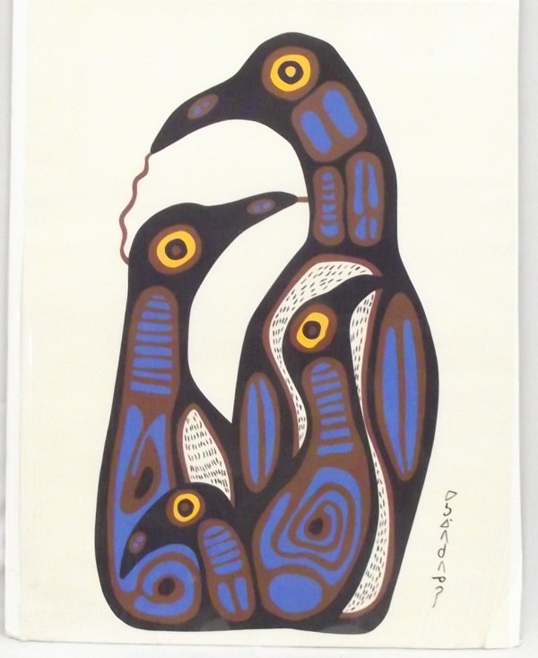Canadian Native Print of Birds by Morrisseau: Canadian Native Print of Birds by Norval Morrisseau (deceased), Canada's most famous native artist. It is his name/signature in the Algonkian alphabet. Birds with Bold colors, unframed. Artist signatu